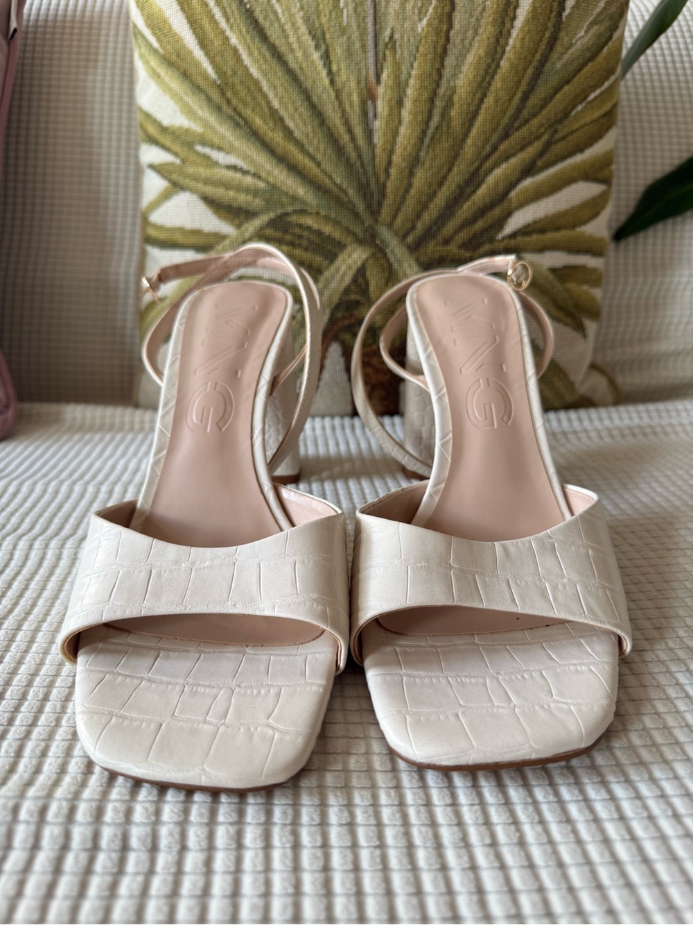 Mango Cream Croc-Embossed Slingback Block Heels